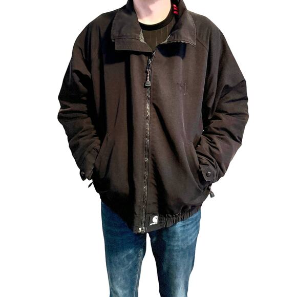 Vintage J72 Carhartt Mens Black Jacket Fleece Lined Nylon Zip - Picture 1 of 12